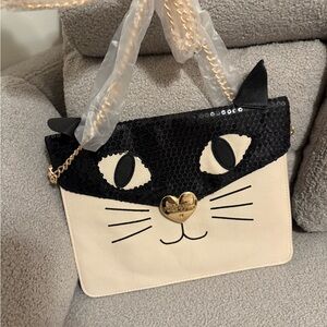 Betsey Johnson Black and Cream Cat Face Crossbody Bag